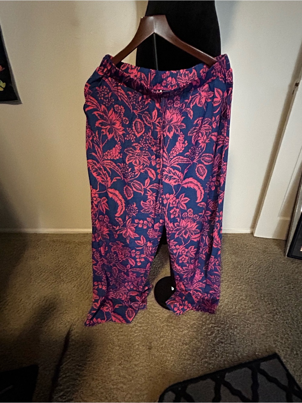 Navy Blue Wide Leg Pants with Pink Floral Print